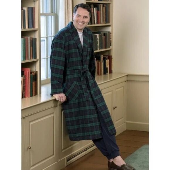 The Vermont Country Store Mens Navy Green Plaid Portuguese Flannel Wrap Robe XL - Picture 1 of 8